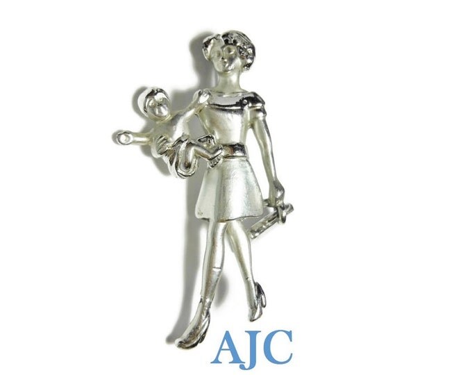 FREE SHIPPING AJC mother brooch, working mother child, articulated vIP briefcase, silver tone gloss matte finish, dress & high heels