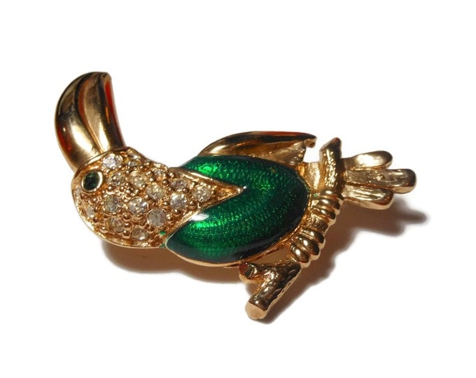 FREE SHIPPING Roman signed Toucan brooch, green enamel pin, pave rhinestone, green eye, figural bird on branch, gold tone