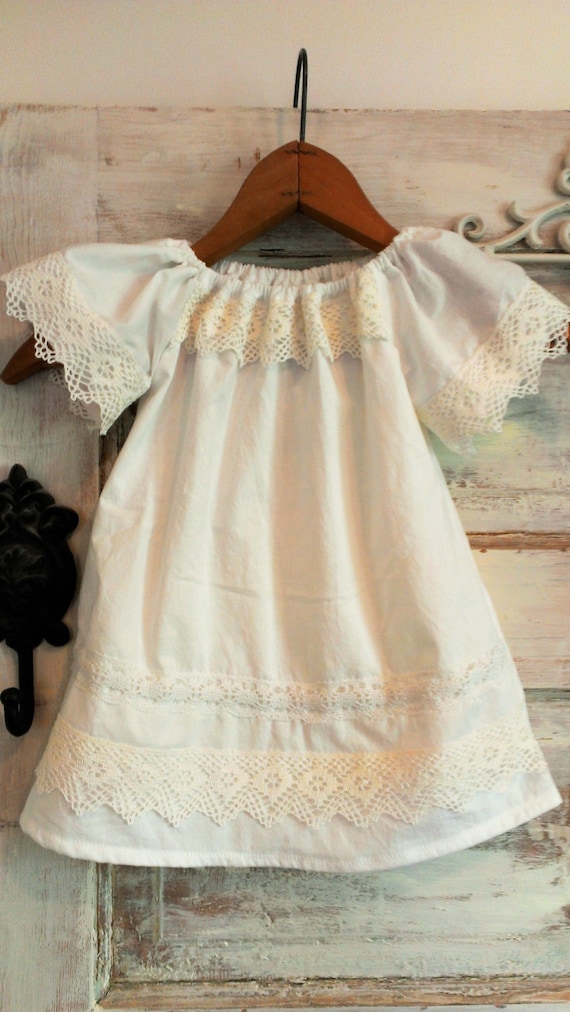 White Cotton Boho Baby Dress 12 to 18 Months Eco Friendly
