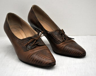 Vintage Vero Cuoio Leather Croc Lace Up Oxford Heels 7 1/2 B ~7.5