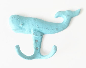 Turquoise Whale Nursery Decor, Nautical Wall Hook, Cast Iron Beach Decor, Whale Towel Rack, Beach Bathroom, Whale Tail Key Hanger, Animal