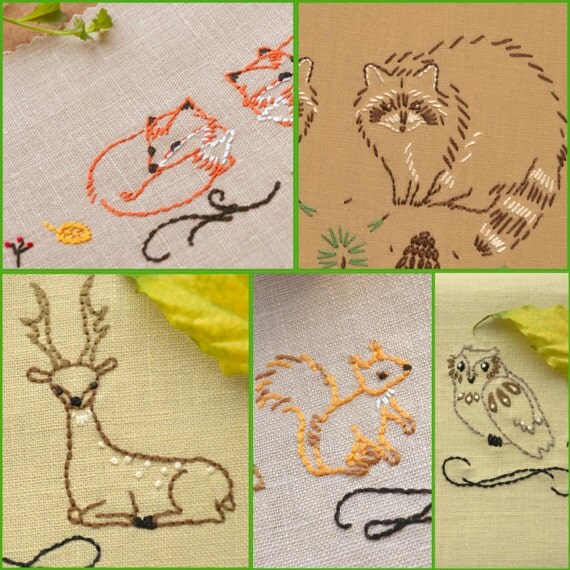 Hand embroidery patterns set woodland animals embroidery