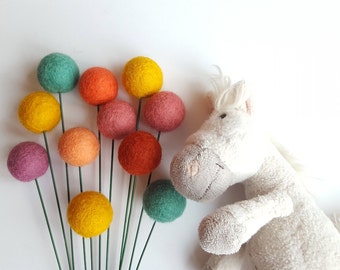 Pom pom flowers, billy ball flowers, billy buttons, alternative bouquet, modern arrangement, felt craspedia, nursery decor, kids room decor