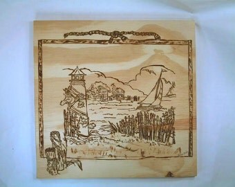 Pyrography,wood burning,Lighthouse handmade wall plaque