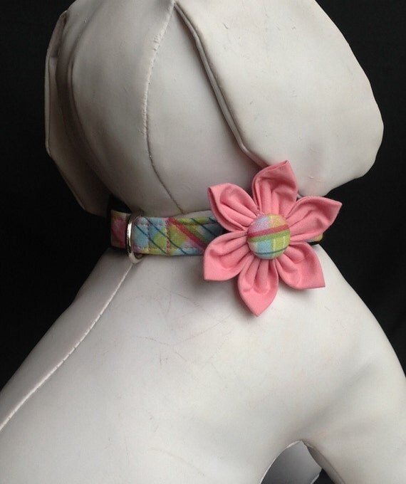 Dog Collar Flower Set Pink And Green Plaid Adjustable