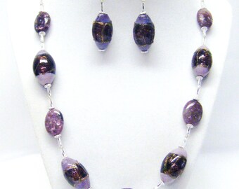 Chunky Oval Lavender Lamp Work Glass Bead Necklace & Earrings