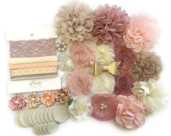 DIY Headband Kit - Vintage Dreams Collection - Makes 12 Headbands + 1 Clip! Baby Shower Headband Station - DIY Fabric Flower Headbands