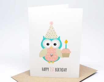 1st Birthday Card Girl - 1st Birthday Girl Party Owl with Cupcake - HBC199 / Happy 1st Birthday First