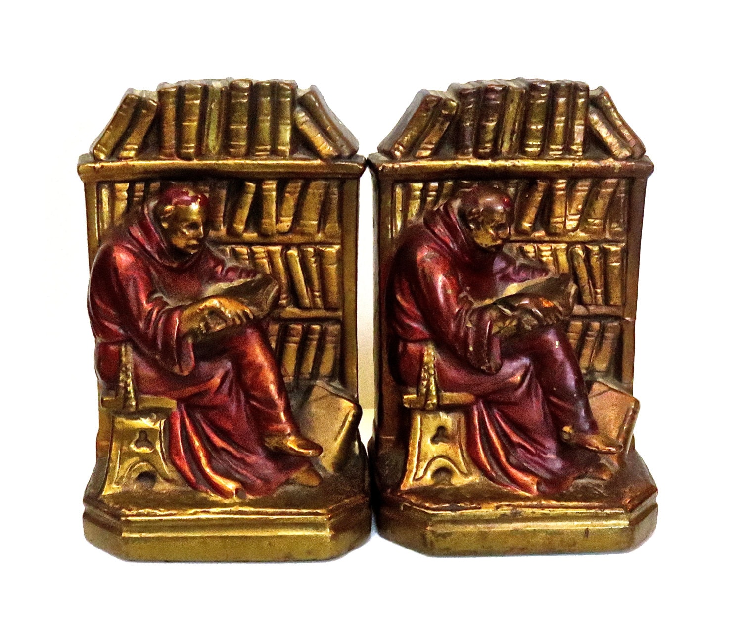 Vintage Armor Bronzed Bookends Religious Monk Reading in