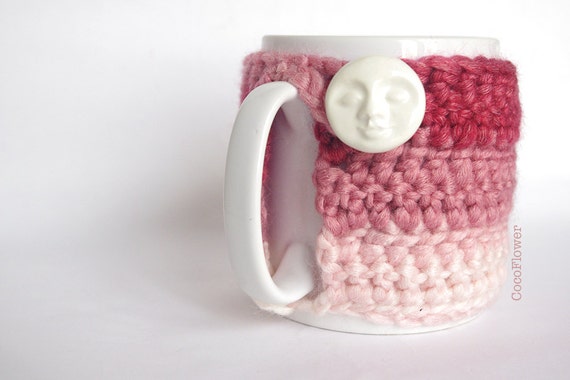 Cozy Mug Coffee Mug Warmer gradient Pink color white Moon Artisanal Ceramic button Sweater Tea Sleeve Cover Crochet Wool Ooak