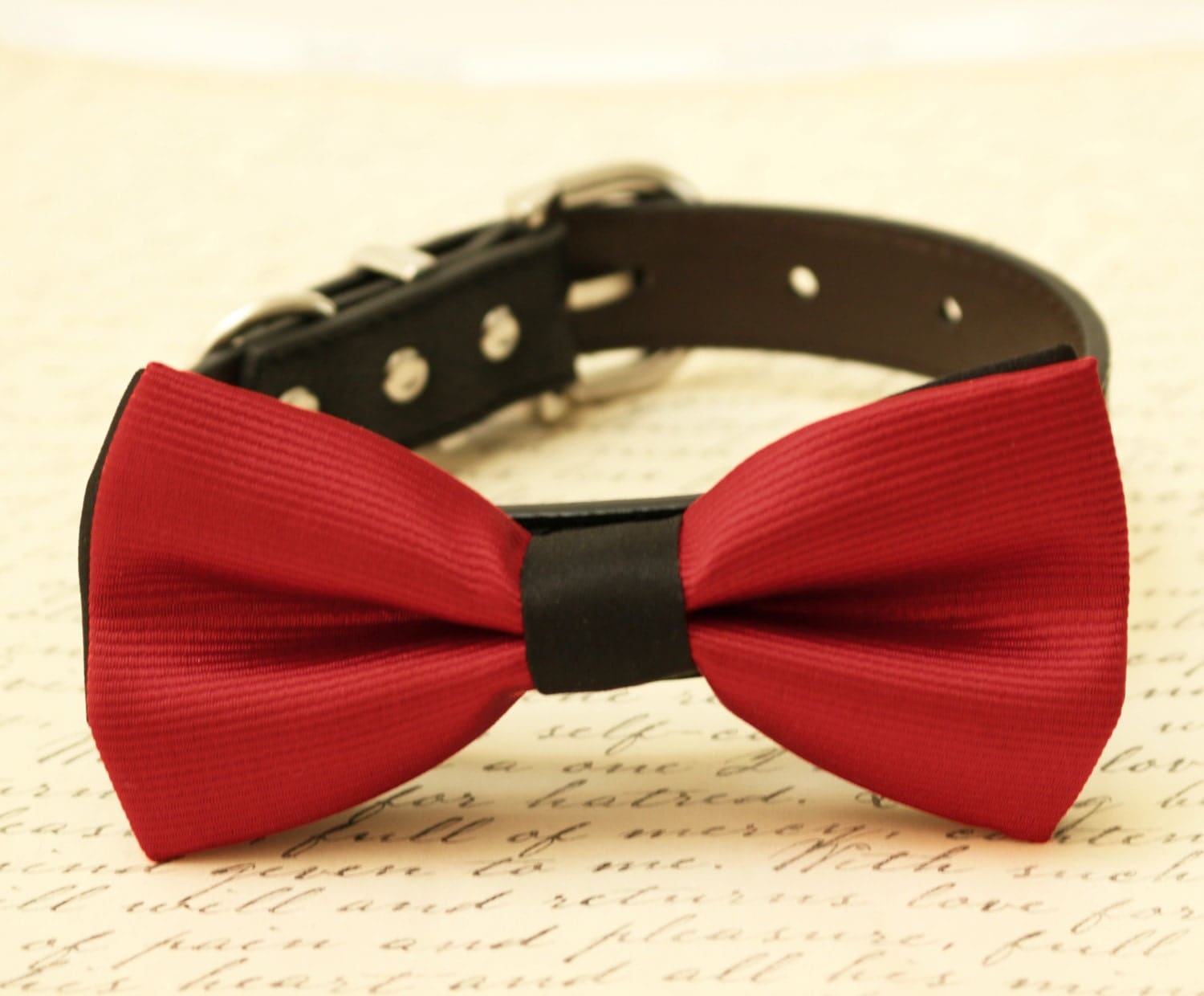 Red dog bow tie Red bow attached to black dog collar by LADogStore