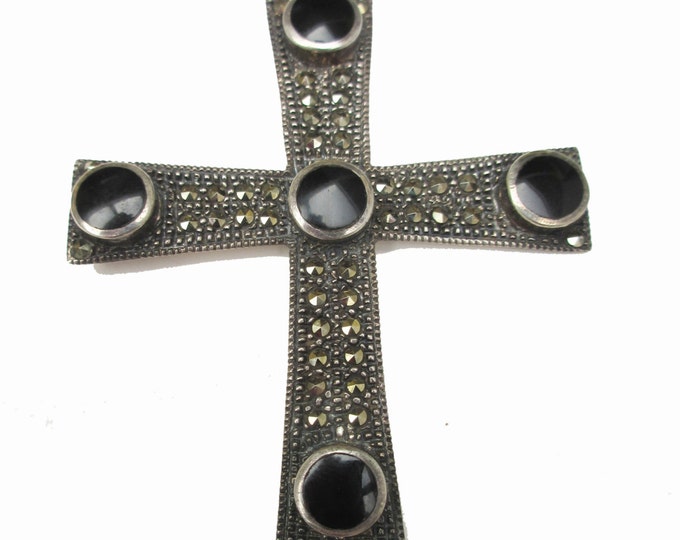 Sterling Cross Pendant - Marcasite - Black Onyx gemstone - Sterling silver Pendant