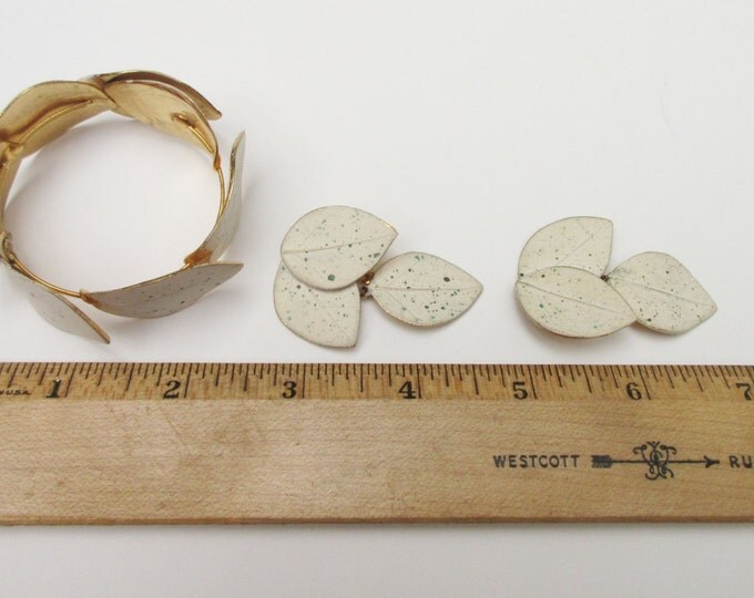 Mosell Bracelet and Earring Set - White speckled enamel - gold plated leaves Clip on earrings - Designer Signed