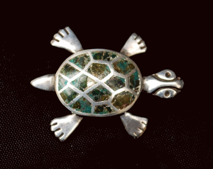 Sterling Turtle Brooch - Abalone shell inlay - Taxco Mexico - eagle assay mark 3 MM