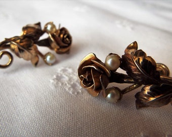 Vintage Rose Earrings with pearl accents gold