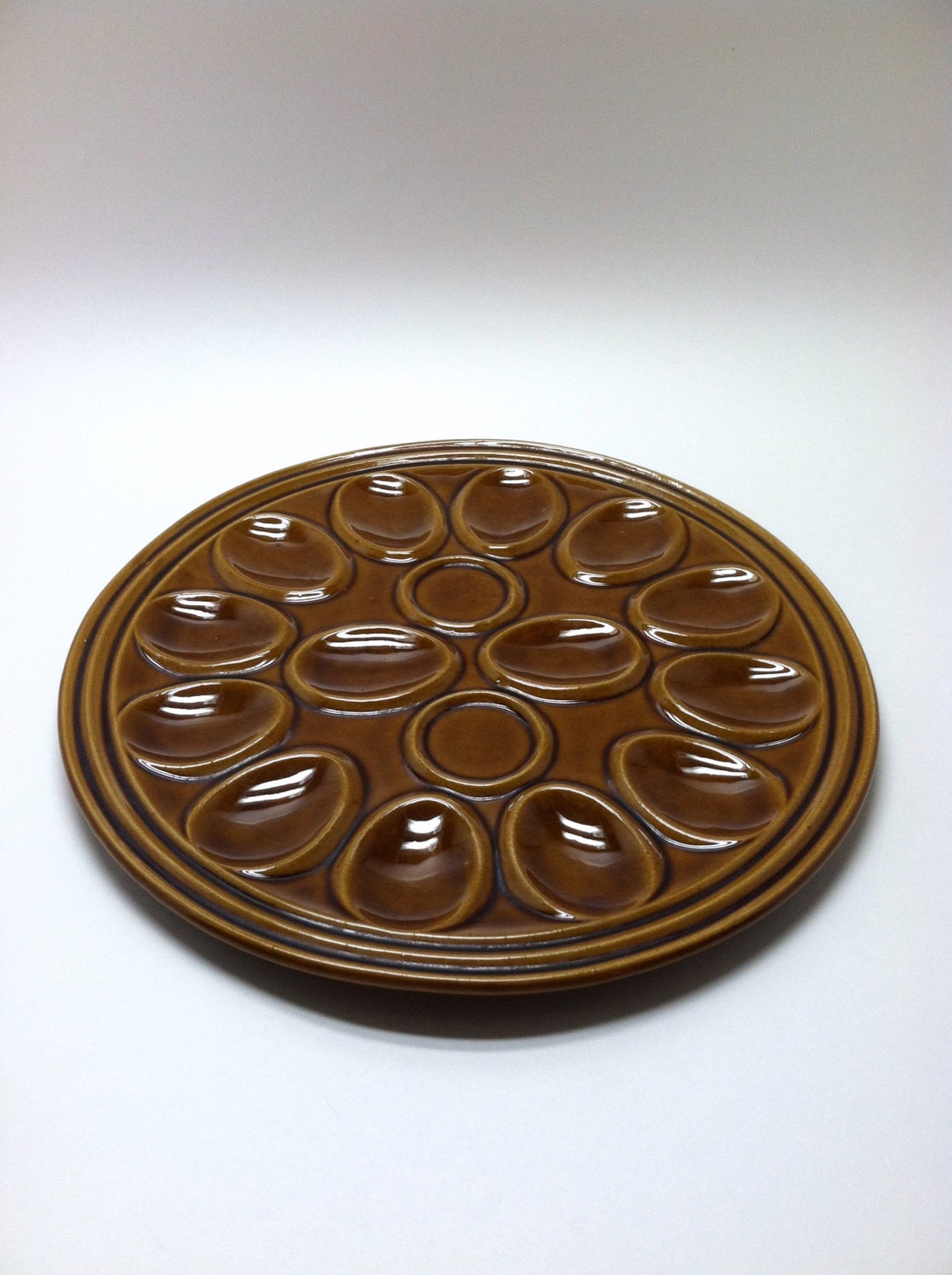 Vintage Brown Ceramic USA Deviled Egg Plate Haute Juice