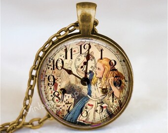 ALICE In WONDERLAND Necklace, Steampunk Necklace, Vintage Clock, Alice in Wonderland Jewelry, Fantasy, Glass Bezel Art Pendant Necklace
