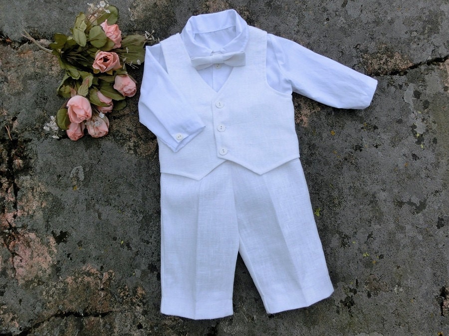 Baptism outfit. White christening suit white linen baby boy