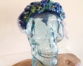 Lovely Vintage Blue and Green Velvet Casque Helmet Calot Juliet Hat with Netting Mid Century 1950s
