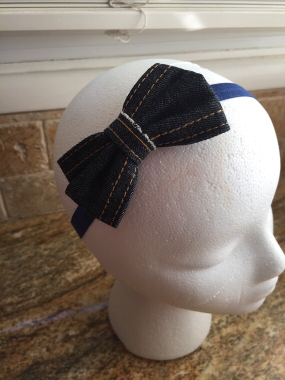 Blue Denim Hair Bow With Stars Headband or Hair Clip Baby