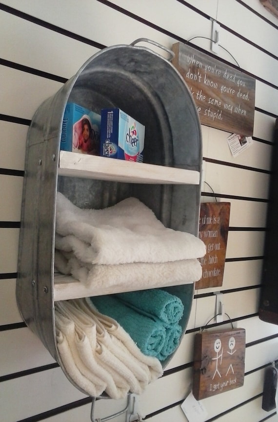 Washtub Bucket Upcycled Hanging Wall Shelf Cupboard Towel