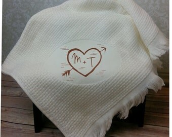 Monogram Throw Blanket, Carved Heart, Embroidered Blanket, Monogram Blanket, Wedding Blanket, Wedding Gift, Anniversary Blanket