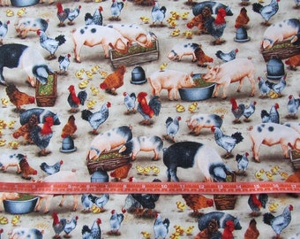 Beige Pig and Chicken Cotton Fabric by the Yard