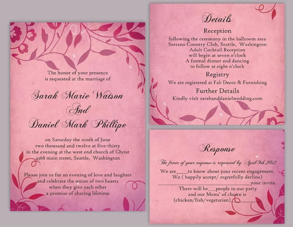 DIY Rustic Wedding Invitation Template Set Editable Word File Download Printable Invitation Fuchsia Pink Invitation Leaf Wedding Invitation