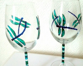 Dragonfly Wine Glasses, a pair, hand painted originals