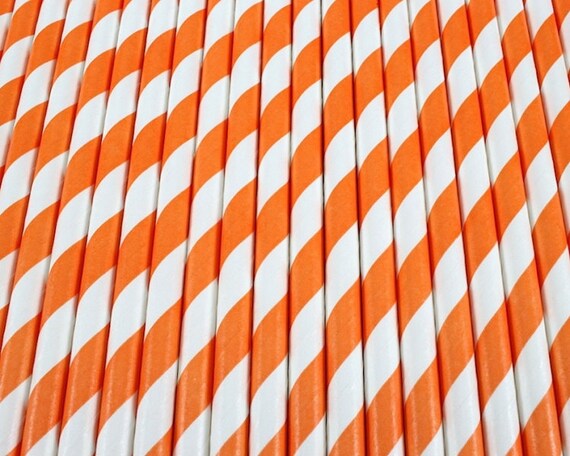 25 Orange and White Diagonal Stripe Paper Drinking Straws - Party Decor Supplies Tableware Il_570xn
