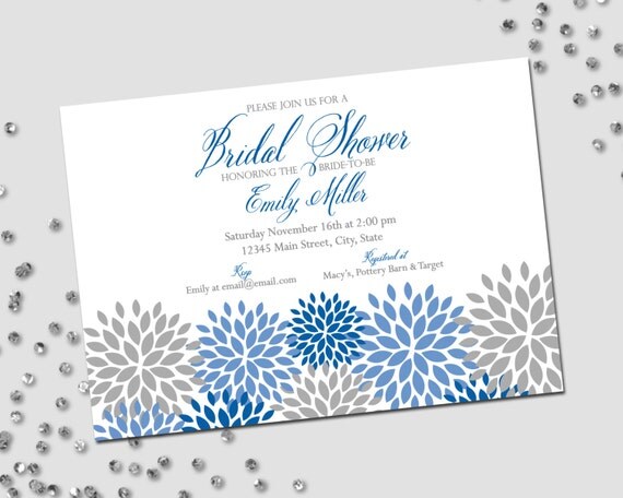 Bridal Shower Invitation - Blue & Grey Flowers - Flower Burst - Pom Flowers - Blue and Grey Bridal shower - Landscape - Printable Il_570xn