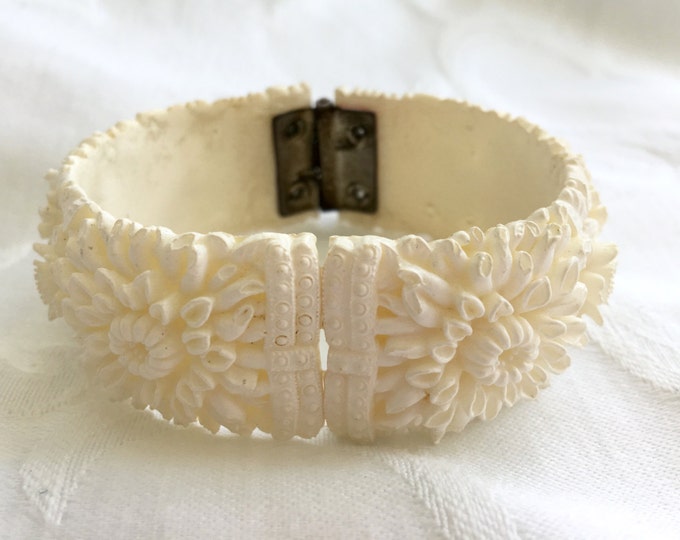 Celluloid Clamper Bracelet, Ivory Wedding Cake, Celluloid Flowers, Bride Wedding, Plastic Jewelry