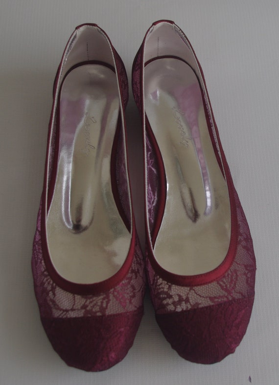 Handmade lace burgundy flat wedding shoe designed by
