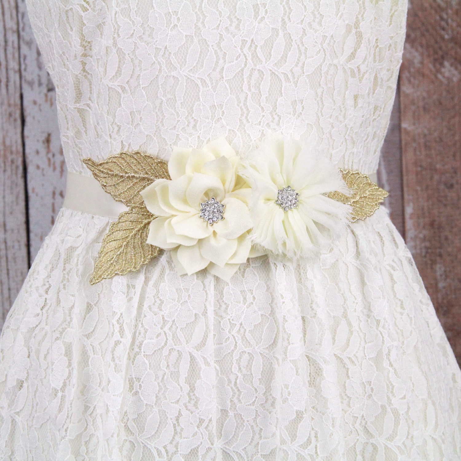 Jeweled Ivory Flowers with Gold Leaf Sash Ivory Flower