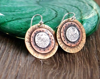 Mixed Metal Earrings, Antique Earrings, Button Earrings, Sterling Silver Ear Wires, Hammered Copper Earrings, Rustic Metal Jewelry