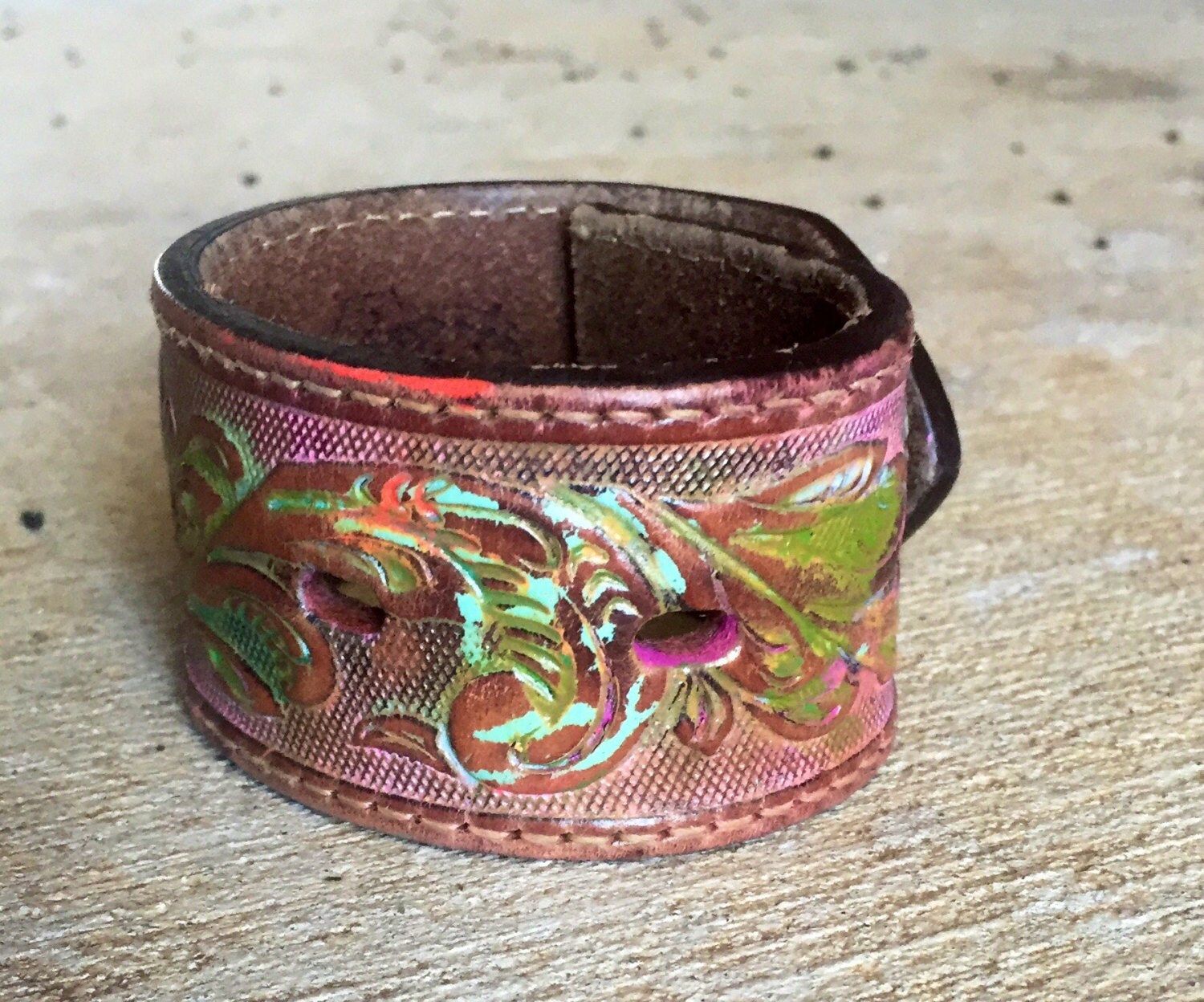 Painted leather cuff. Made from a vintage leather belt has