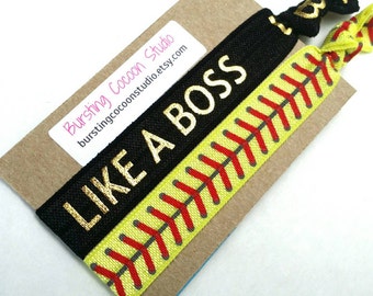 LIKE A BOSS hair tie and softball hair tie set, black with gold text, elastic ponytail holders, yellow softball gift, fastpitch