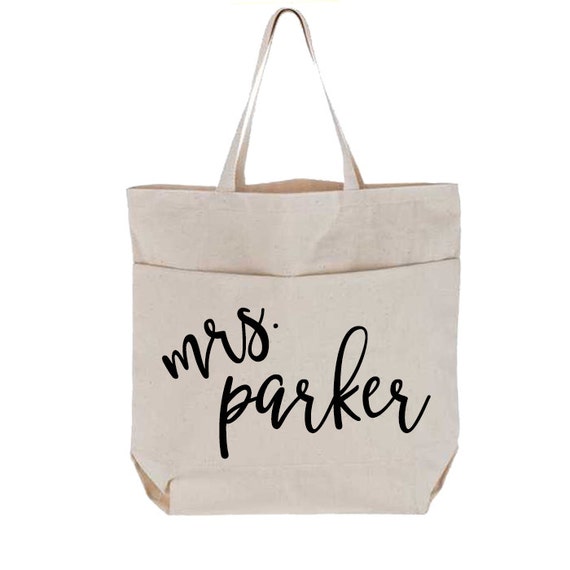 Personalized Last Name Canvas Tote Bag with Pockets