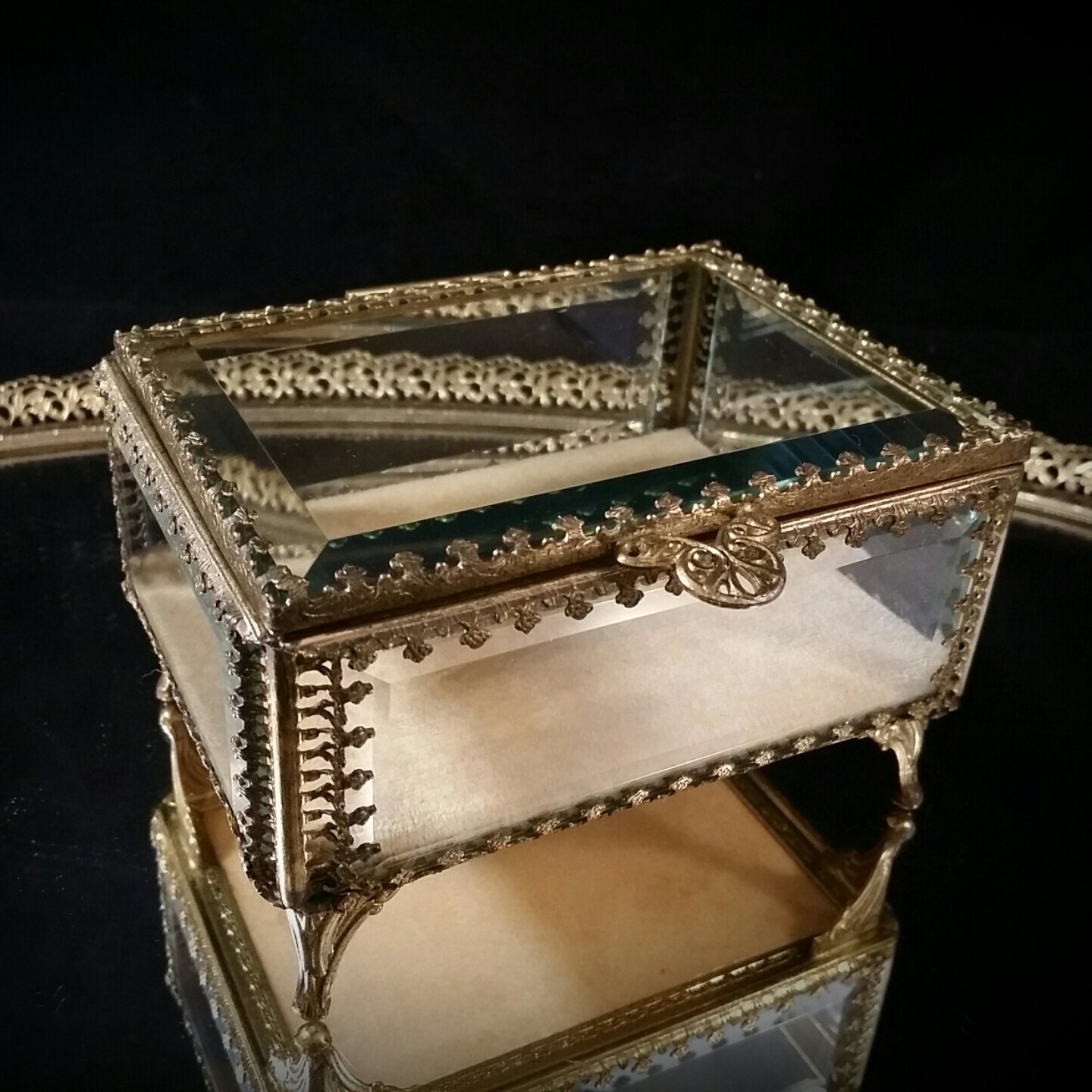 Antique Brass Jewelry Casket Beveled Glass Crystal Hollywood Regency