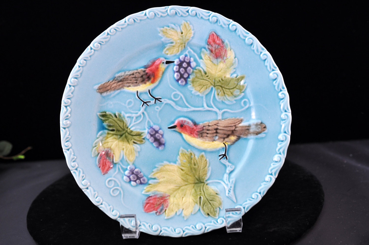 Majolica Bird Plate Pottery Vintage majolica Beautiful Blue