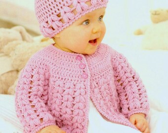 Vintage Crochet Pattern PDF Baby and Childrens Matinee Jacket Cardigan and Beanie Hat Flower Newborn to Seven Years