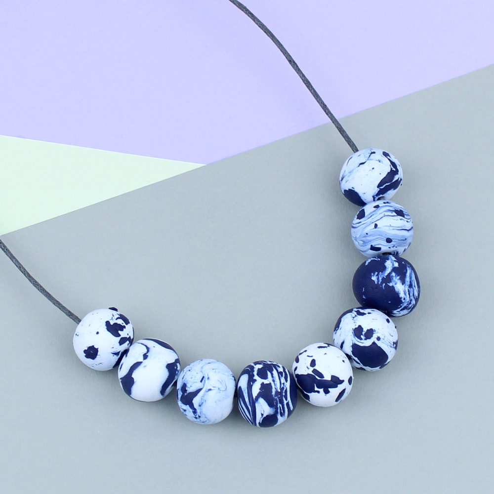 Navy Marble Necklace Marble Bead Necklace Navy and White