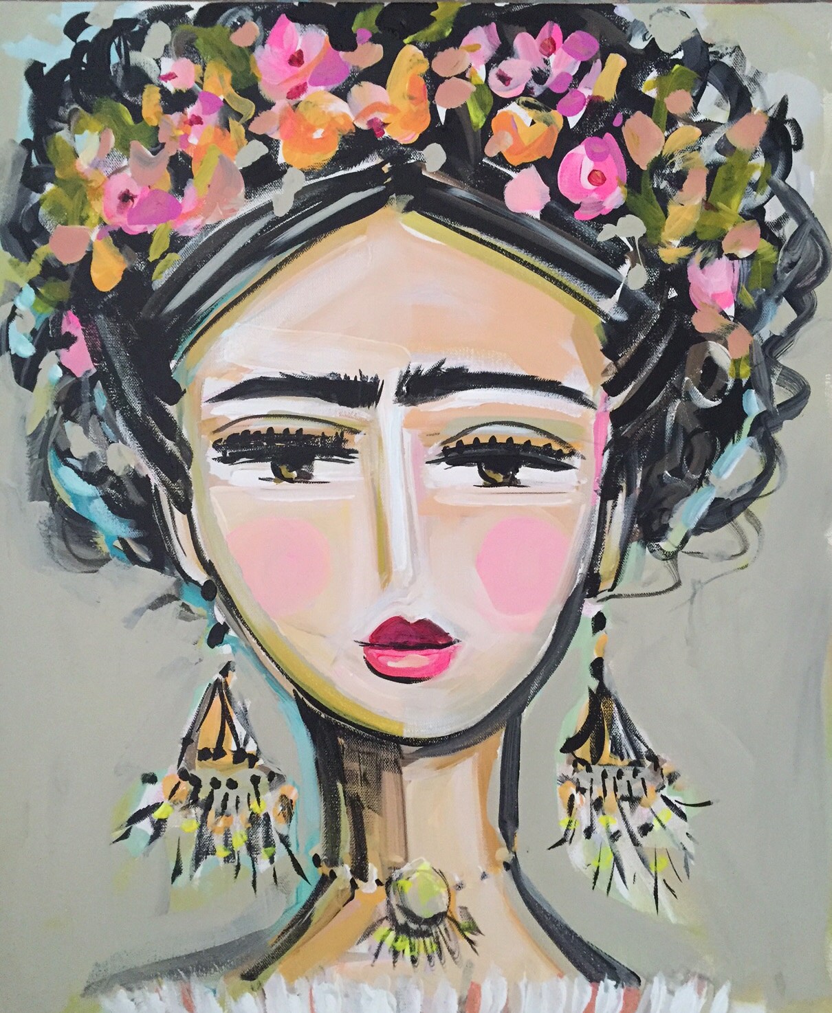 Frida Kahlo Painting roses pretty portrait large original