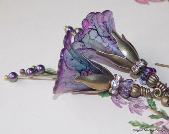 Purple Lucite Flower Earrings, 'Hillside Heather', Vintage Style Earrings, Hand Painted Earrings, Drop Earrings, Boho Earrings, Dangle