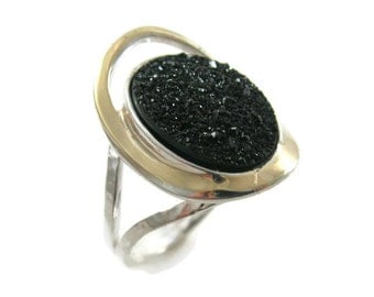 Sterling silver gold ring. Black Druzy ring. Silver ring. Exquisite stone ring. Rustic ring. Cocktail ring. Druzy ring. Gold Druzy ring.