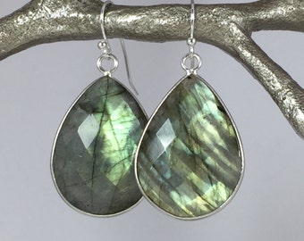 Natural Labradorite Earrings, Bezel Set Labradorite Gemstone Earrings, Drop Earrings,Set in Sterling Silver, Blue Fire Labradorite,