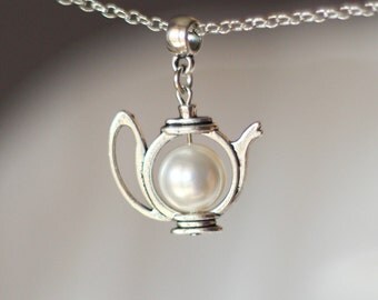 Teapot Necklace, White Pearl Teapot Necklace, Teapot Pendant, Pearl Teapot Jewelry, Teapot Jewelry,Teapot,Gift For Tea Lovers,Tea Party Gift