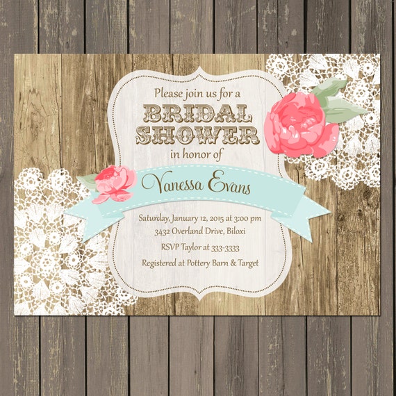 Rose Bridal Shower Invitation, Roses Bridal Shower Invite, Rustic Wood and Lace Doily Bridal Shower Invitation, Printable or Printed Il_570xn
