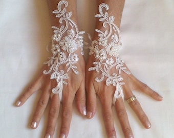 Free ship Wedding gloves beaded pearls white or ivory lilac bridal gloves lace gloves fingerless gloves french lace gloves lavender