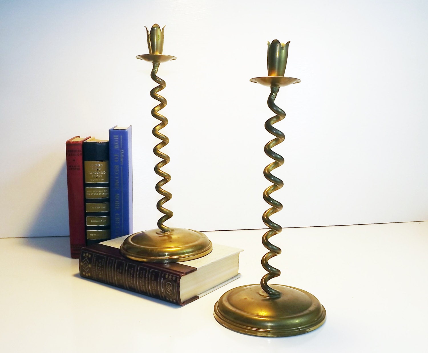 2 Large Vintage Brass Candlesticks Spiral / Twist / Swirl Pair of